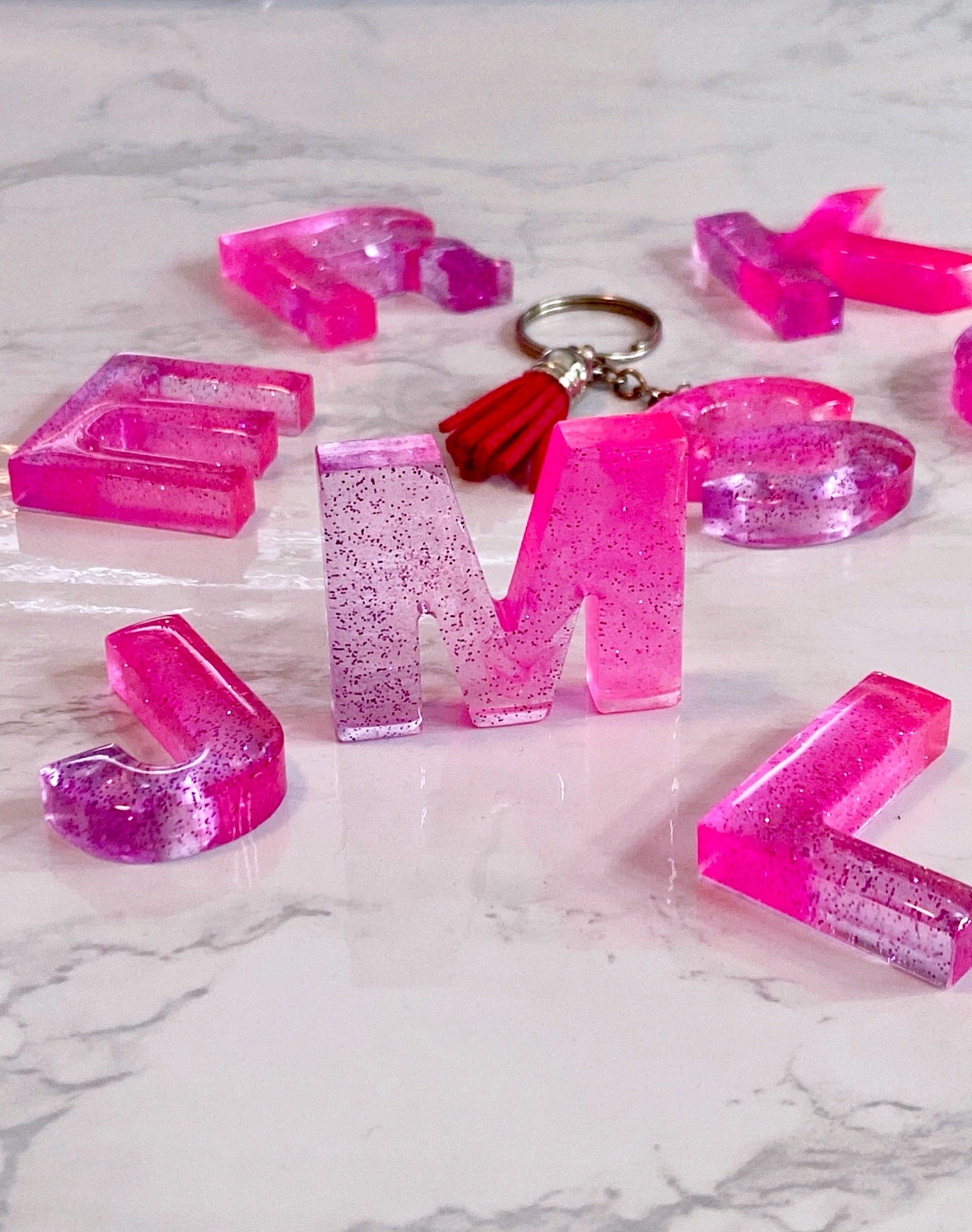 Pink and Purple Transparent Glitter Resin Letter Keychains